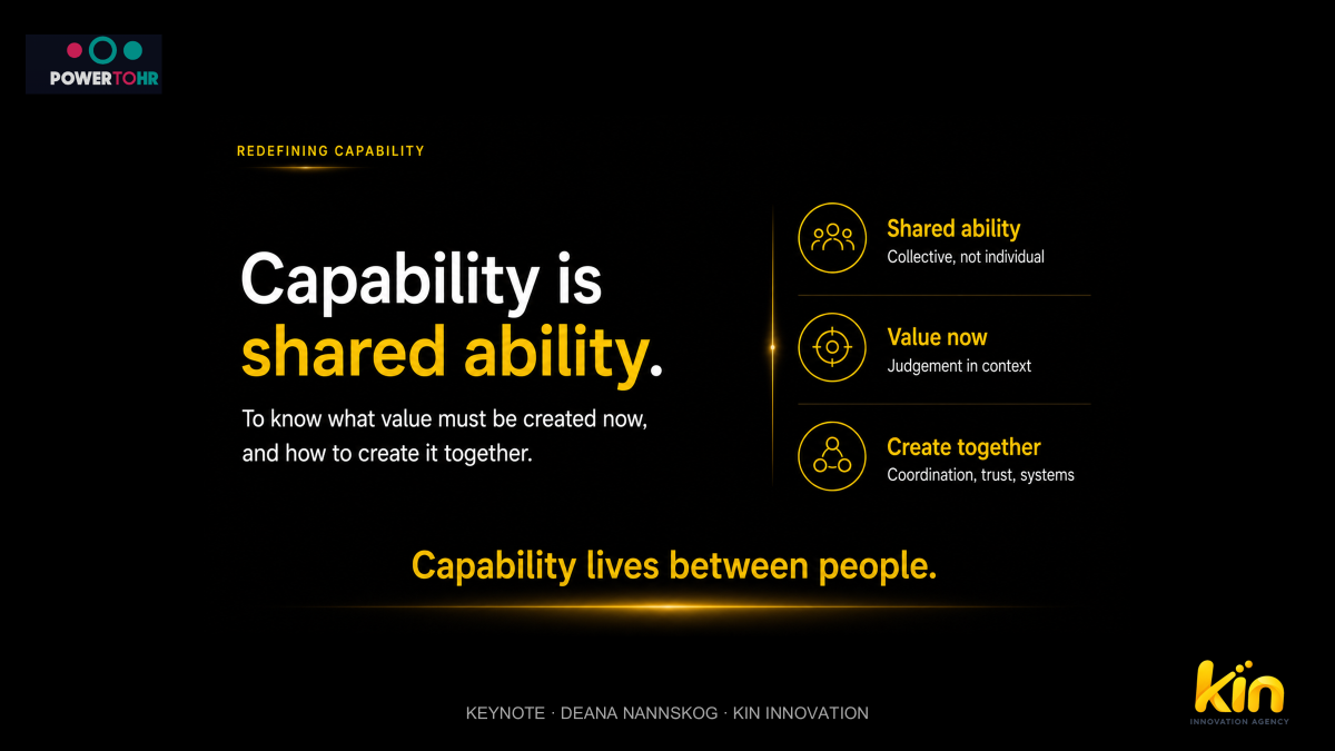 Redefining Capability: Capability is shared ability. To know what value must be created now, and how to create it together. Shared ability (collective, not individual), Value now (judgement in context), Create together (coordination, trust, systems). Capability lives between people.